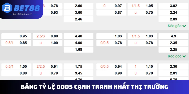Bảng tỷ lệ odds cạnh tranh nhất thị trường